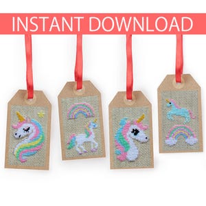 Mini Einhorn & Regenbogen Kreuzstichmuster Set: 7,5 cm groß, Pastellfarben (PDF Download)