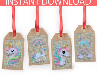 Mini Unicorn & Rainbow Cross Stitch Pattern Set: 3" Tall, Pastel Colors (PDF Download)