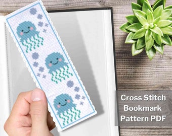 Jellyfish cross stitch bookmark pattern PDF, 2x6", Tiny cross stitch, Small cross stitch, Mini cross stitch, Sea animal, Instant download