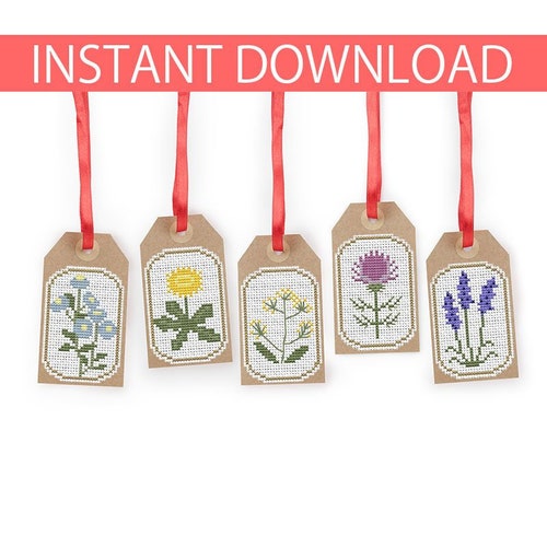 Blumengeschenkanhänger-Kreuzstichmuster: Lavendel, Löwenzahn, Distel (PDF-Download)