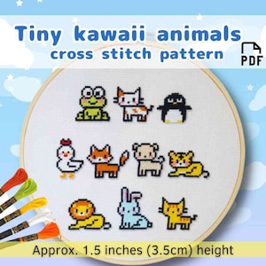 Winzige Kawaii Tiere Kreuzstich Muster, PDF, 4 cm hoch, 10 entzückende Tiere, süßer Tier Kreuzstich, Frosch, Katze, Pinguin, Fuchs, Löwe