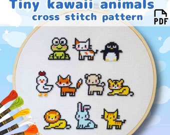 Tiny Kawaii Animals Cross Stitch Pattern PDF, 1.5 inches high, 10 adorable animals, Cute animal cross stitch, Frog, Cat, Penguin, Fox, Lion