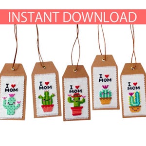 Mini cactus kruissteekpatronen: I Love Mom cadeaulabelontwerpen (PDF-download)