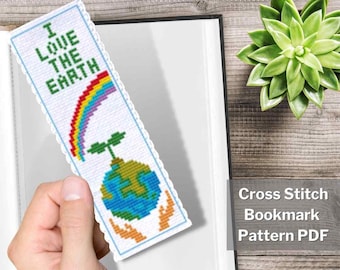 Earth cross stitch bookmark pattern, 2x6", Earth day, Space cross stitch, Rainbow, Small cross stitch, Mini cross stitch, Tiny, Download PDF