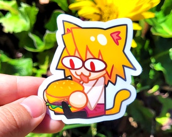 May include: A sticker featuring a cartoon character with yellow hair and a white shirt, holding a hamburger. The character has a cat-like face with large eyes and a tongue sticking out. The sticker is on a white background.