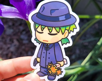 May include: A cartoon sticker of a person wearing a purple hat, a blue jacket, and green hair. The person is holding a bouquet of yellow flowers.