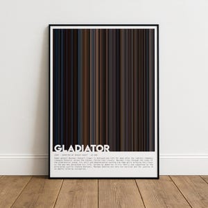 May include: A framed poster with a vertical colour bar design in shades of brown, blue, and tan. The word "GLADIATOR" is printed in white at the bottom, along with text about the film.