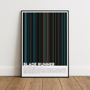 May include: Framed art print with a vertical colour bar design. The artwork has a black frame and includes the text "BLADE RUNNER" in white. The print also contains descriptive text about the film.