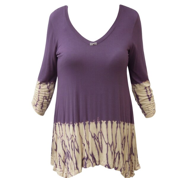 Nature Art Womens Two Tone Tie Dye Ribbon Bow Embellished V Neck Tunic  Top,   Color Plum