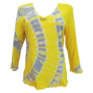 Nature Art Women Tie Dye 1 x 1 Cotton Baby Rib  V Neck  Shirt with Bow & Button,  Color:   Lemon Zest