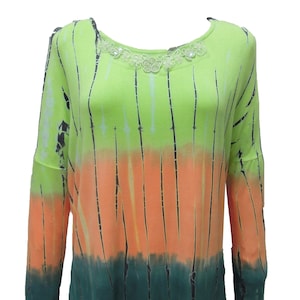 Nature Art -  Womens Rayon / Spandex Tie Dye Colorblock Tunic Embellished Shirttail Top  - Beat & Seqins Trim on Neck Line - Green