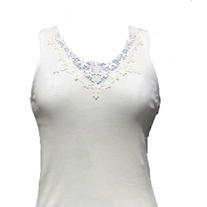 Baumwolle Baby Rib Rundhals tank mit Spitze Applikation Ausschneiden - Farbe: Natur
