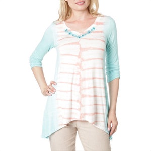 Nature Art Donna 3/4 Maniche Cravatta Tintura Tunica V Collo Top, Pizzo Beato Abbellimento, Orlo alto-basso - Colore: Aqua /Corallo
