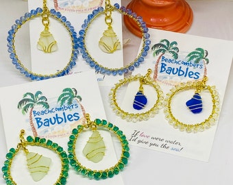 Your Time to Shine! Sea Glass and Swarovski Hoops 18K Gold Post Hoops