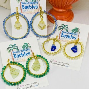 Your Time to Shine! Sea Glass and Swarovski Hoops 18K Gold Post Hoops