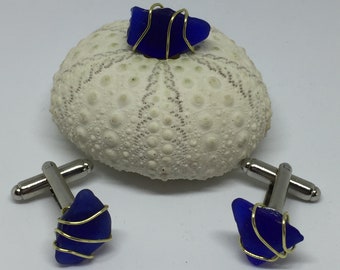 Men's Cufflinks and Tie Tack Ensemble - Genuine Cobalt Blue Sea Glass with Silver or Gold Tone Wire Wrap