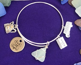 Teacher Appreciation Sea Glass Bangle with School Bus and Math Book Charms