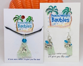 Love My Bulldog Sea Glass Necklace and Earrings Ensemble