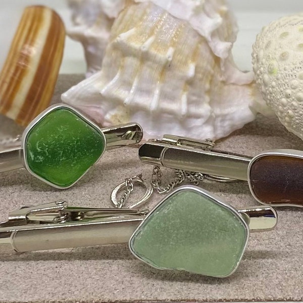 Spiffy Sailor Sea Glass Tie Clip with Buttonhole Chain