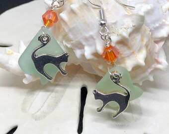 Feisty Feline Swarovski and Seafoam Sea Glass Earrings