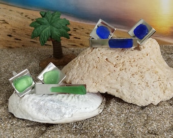 Pirate's Bounty:  Stainless Steel Cufflinks with Surf-Tumbled Sea Glass and Matching Tie Clip