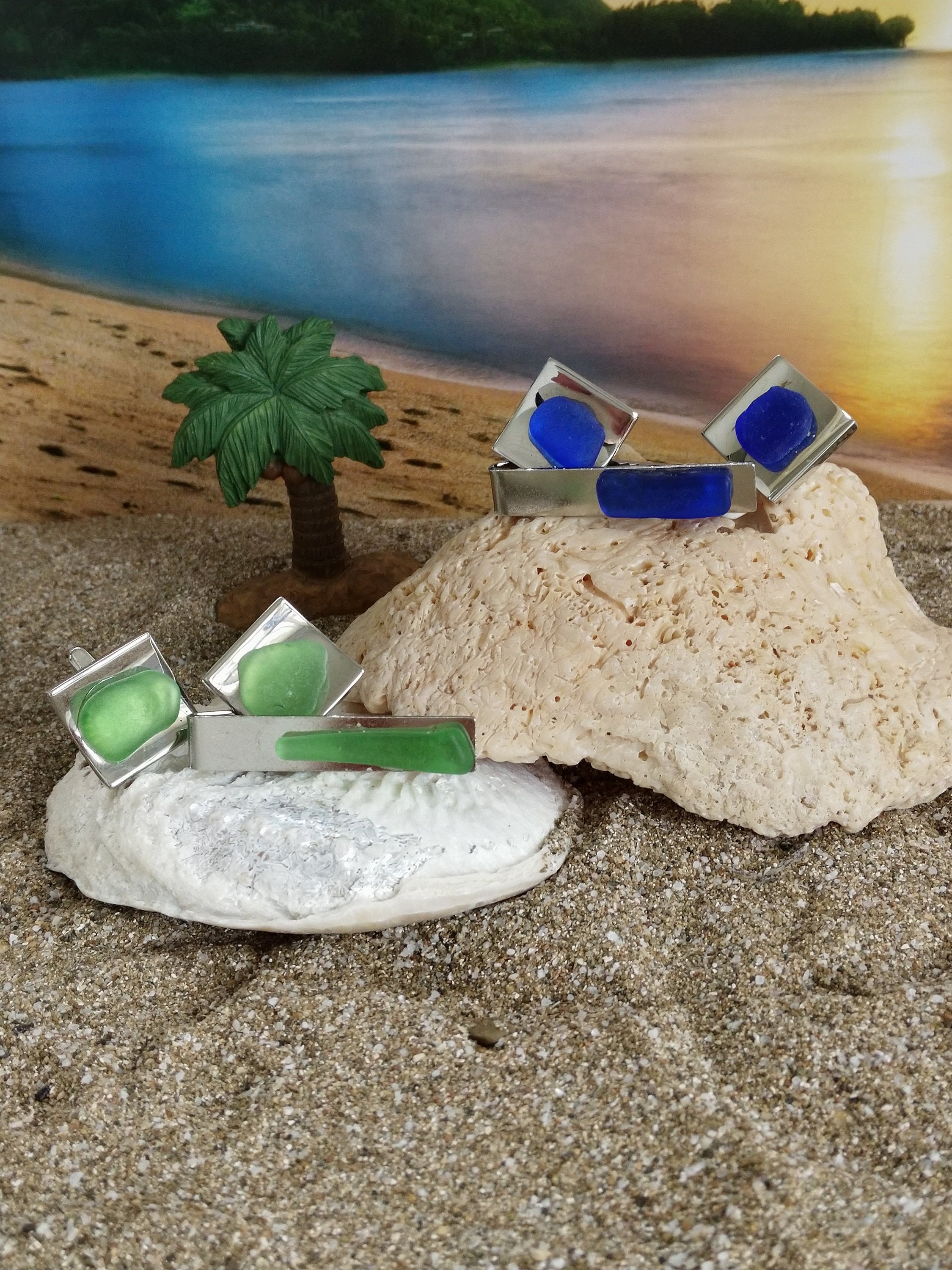 Pirate's Bounty: Stainless Steel Cufflinks with Surf-Tumbled Sea Glass and Matching Tie Clip