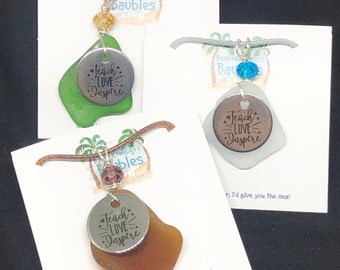 Personalized Teacher Appreciation Sea Glass Pendant - Teach, Love, Inspire