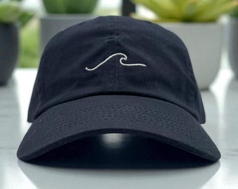 Wave Embroidered Hat, Beach Dad Cap, Cotton Twill Headwear, Adjustable Strap Closure, Coastal Style