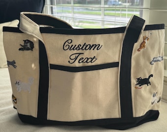 Cat Embroidered Bag, Embroidered Cotton Canvas Carryall, Large Travel Shoulder Tote
