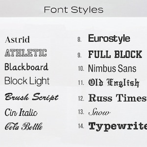 May include: A graphic showcasing various font styles, including "Astrid," "ATHLETIC," "Blackboard," and "Eurostyle." The text "Font Styles" is at the top. Each font is numbered for easy reference, offering a diverse selection of typography options.