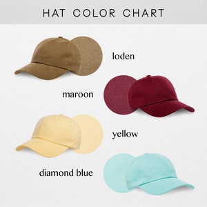 May include: A color chart for baseball caps showing different colors, including loden, maroon, yellow, and diamond blue.