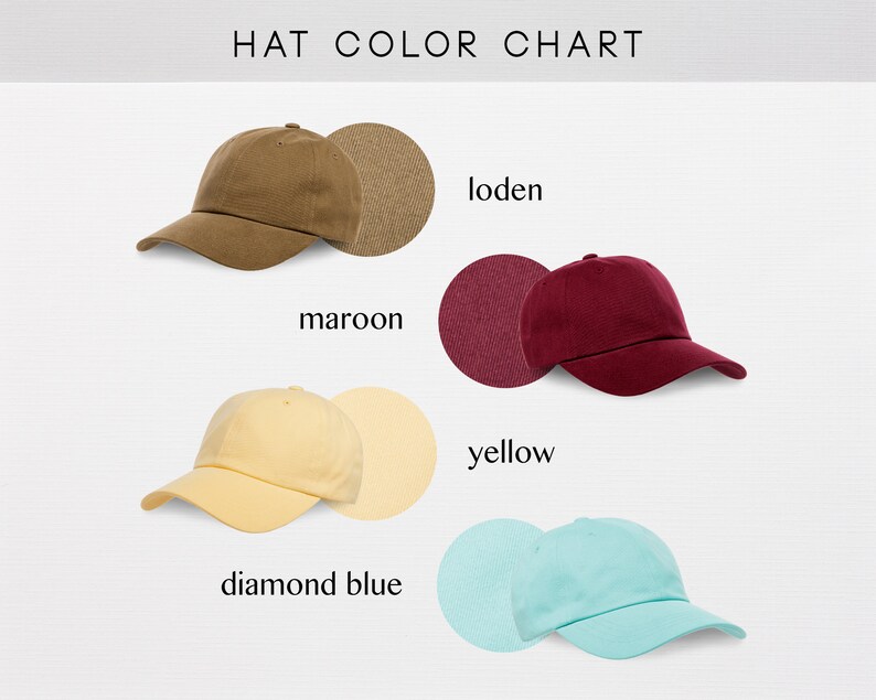 May include: A color chart for baseball caps showing different colors, including loden, maroon, yellow, and diamond blue.