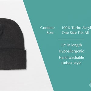 May include: A black beanie made of 100% Turbo Acrylic. The beanie is 12 inches long and is hypoallergenic, hand washable, and unisex.