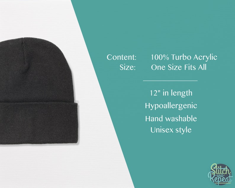 May include: A black beanie made of 100% Turbo Acrylic. The beanie is 12 inches long and is hypoallergenic, hand washable, and unisex.