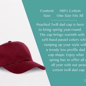 May include: A burgundy dad cap made of 100% cotton. The cap is one size fits all and has a low profile. The text "Stitch and Repeat" is visible in the bottom right corner of the image.