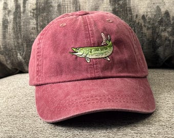 Embroidered Northern Pike Fishing Hat • Dad Cap, with location embroidered on the back