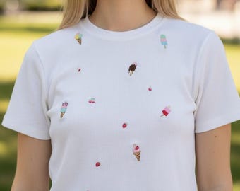 Embroidered Ice Cream Baby Tee Summer Popsicle Fruit Crop Top Women Ribbed Shirt