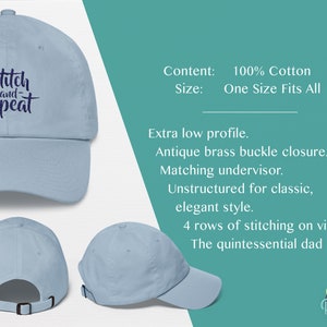 Puede incluir: Una gorra de b&eacute;isbol azul claro con el texto "Stitch and Repeat" bordado en la parte delantera. La gorra tiene un cierre de hebilla ajustable y un perfil bajo.