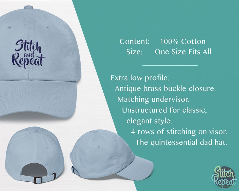 Puede incluir: Una gorra de b&eacute;isbol azul claro con el texto "Stitch and Repeat" bordado en la parte delantera. La gorra tiene un cierre de hebilla ajustable y un perfil bajo.