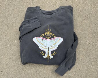 Moth Applique Sweatshirt Embroidered Luna Moth Crewneck Glow in Dark Comfort Colors Pullover