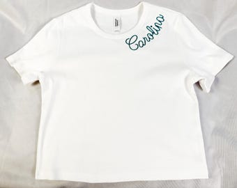 Chainstitched Inspired Embroidered Baby Tee Y2K Crop Top Personalized Text Shirt American Apparel Women