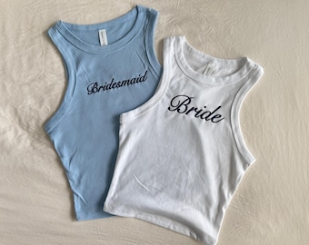 Custom Embroidered Racer Tank Top with Bride / Bridesmaid, Personalized Text Shirt, Y2K Fitted Tee