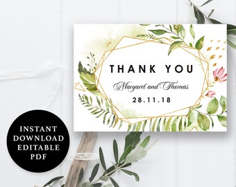 Watercolor Flower Green Leaves Thank You Card Template, Folded Thank You card, 5x3.5, Instant Download Printable, Editable PDF, EWTY012