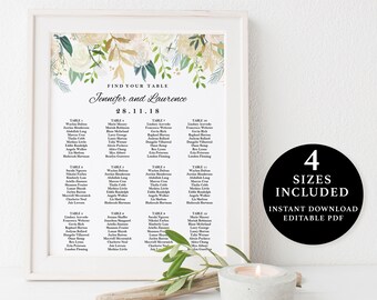 White Flower Seating Chart Template, 16x20, 18x24, 20x30, 24x36, Instant Download Printable, Editable PDF, EWSC017