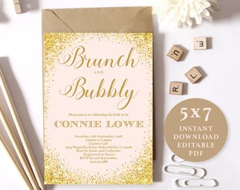 Pink and Gold Sparkling, Brunch and Bubbly Invitation Template, 5x7, Instant Download Printable, Editable PDF, EWBB001