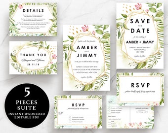 Flower Wedding Suite, Invitation, Save the Date, RSVP, Thank You Card, Details Card, Instant Download Printable, EWSU012