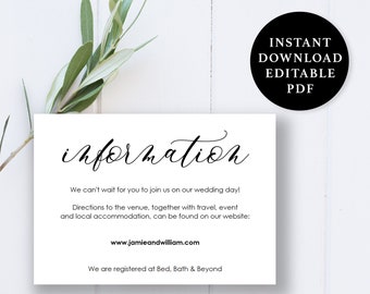 Wedding Information Card Template, 5x3.5, Wedding Details Card, Instant Download Printable, Editable PDF, EWINFO001