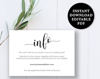 Wedding Information Card Template, 5x3.5, Wedding Details Card, Instant Download Printable, Editable PDF, EWINFO005