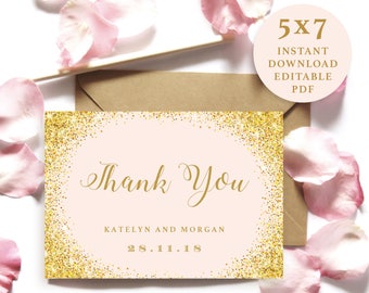 Pink and Gold Sparkling, Thank You Card Template, Folded Thank You card, 5x3.5, Instant Download Printable, Editable PDF, EWTY001