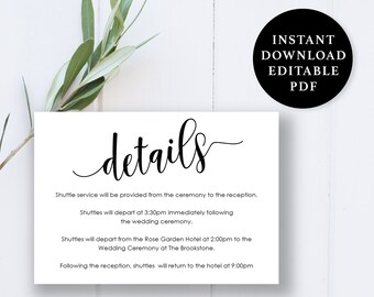 Wedding Details Card Template, 5x3.5, Wedding Details Card, Instant Download Printable, Editable PDF, EWDCBW05